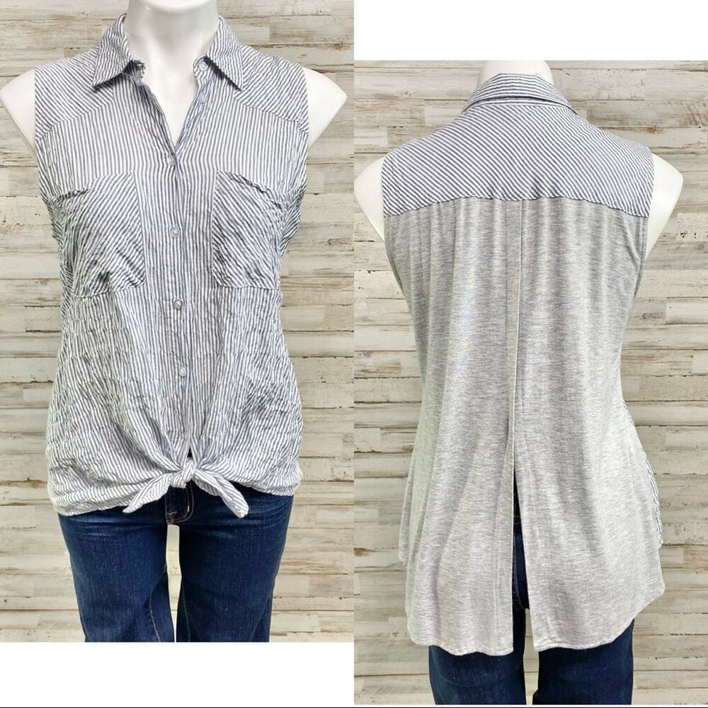 Anthro Drew Striped Top Womens Size S Blue Gray Crinkle Front Knit Back